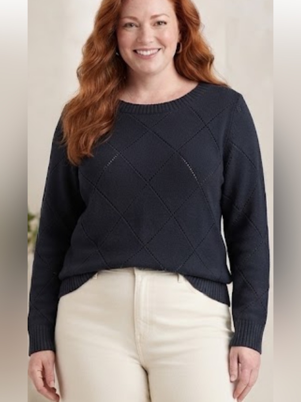 Black Pointelle Crewneck Sweater with Diamond Pattern Preppy Classic NWT